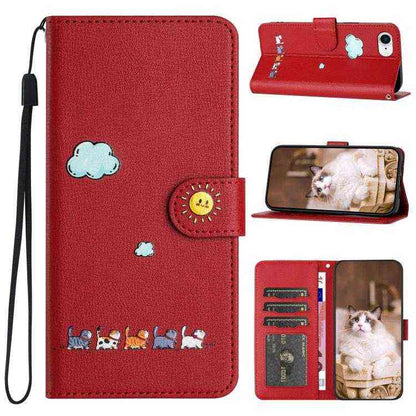 Leder Wallet Case mit Katzenmotiv für iPhone 16e | 15 Pro Max | 15 Pro | 15 Plus | 15 | 14 Plus