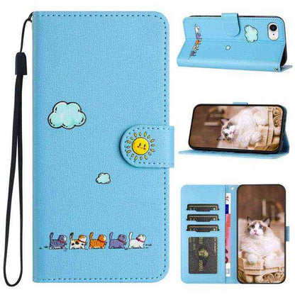 Leder Wallet Case mit Katzenmotiv für iPhone 16e | 15 Pro Max | 15 Pro | 15 Plus | 15 | 14 Plus
