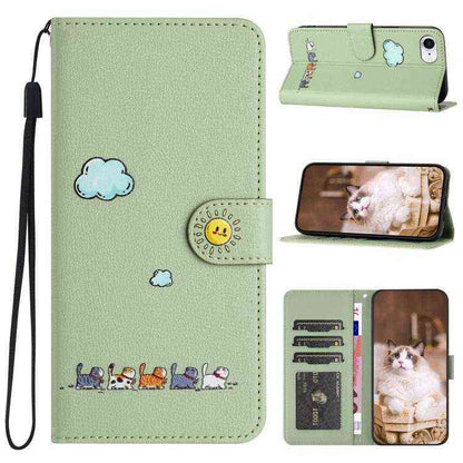 Leder Wallet Case mit Katzenmotiv für iPhone 16e | 15 Pro Max | 15 Pro | 15 Plus | 15 | 14 Plus
