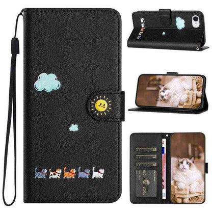 Leder Wallet Case mit Katzenmotiv für iPhone 16e | 15 Pro Max | 15 Pro | 15 Plus | 15 | 14 Plus