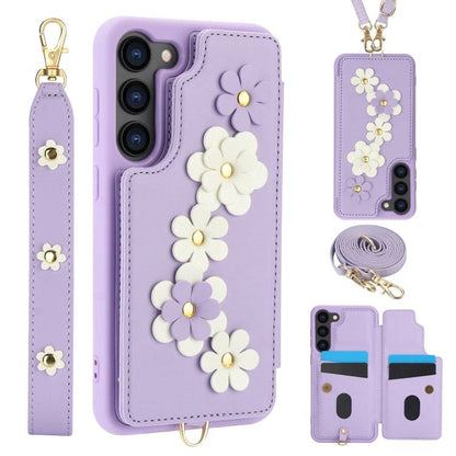 Crossbody-Handyhülle aus Leder mit Blumenmuster, For Samsung Galaxy S24+ 5G, For Samsung Galaxy S23 FE 5G, For Samsung Galaxy S23 Ultra 5G, For Samsung Galaxy S23+ 5G
