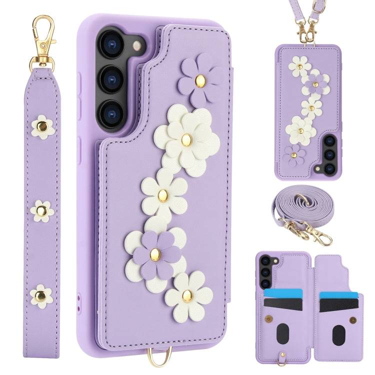 Crossbody-Handyhülle aus Leder mit Blumenmuster, For Samsung Galaxy S24+ 5G, For Samsung Galaxy S23 FE 5G, For Samsung Galaxy S23 Ultra 5G, For Samsung Galaxy S23+ 5G
