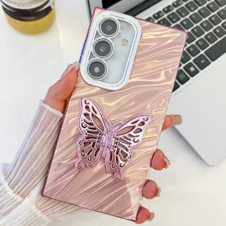 Überzug Glitzer Textur Schmetterlingshalter TPU Handyhülle mit Linsenfolie, For Samsung Galaxy S24 FE 5G