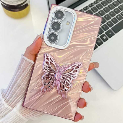 Überzug Glitzer Textur Schmetterlingshalter TPU Handyhülle mit Linsenfolie, For Samsung Galaxy S24 FE 5G