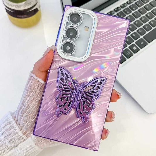Überzug Glitzer Textur Schmetterlingshalter TPU Handyhülle mit Linsenfolie, For Samsung Galaxy S24 FE 5G
