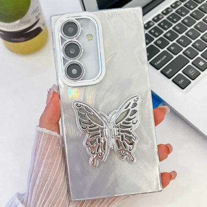 Überzug Glitzer Textur Schmetterlingshalter TPU Handyhülle mit Linsenfolie, For Samsung Galaxy S24 FE 5G