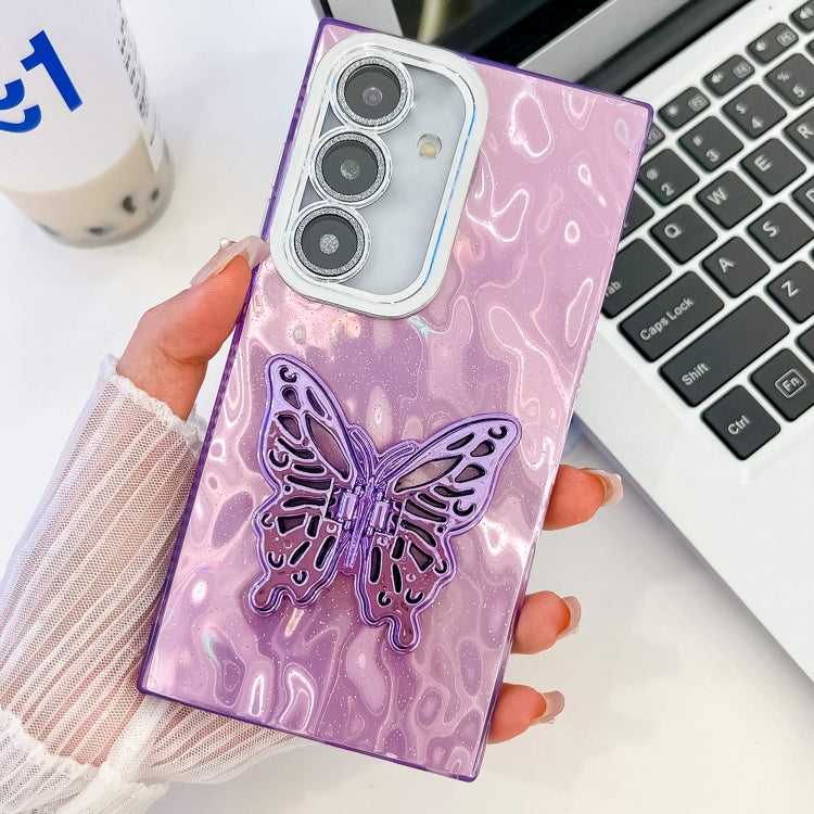 Überzug Glitzer Textur Schmetterlingshalter TPU Handyhülle mit Linsenfolie, For Samsung Galaxy S24 FE 5G