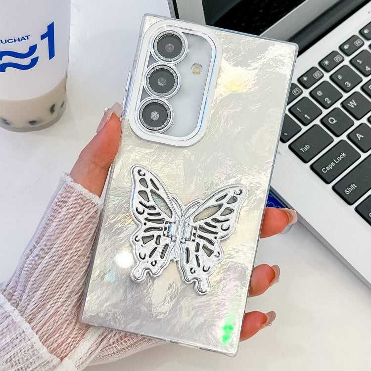 Überzug Glitzer Textur Schmetterlingshalter TPU Handyhülle mit Linsenfolie, For Samsung Galaxy S24 FE 5G