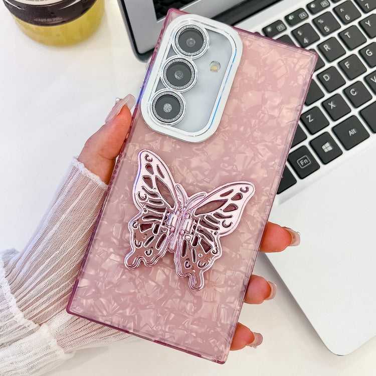 Überzug Glitzer Textur Schmetterlingshalter TPU Handyhülle mit Linsenfolie, For Samsung Galaxy A55 5G