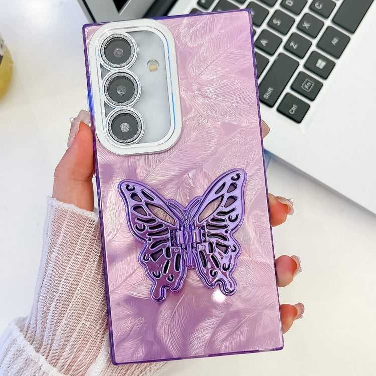 Überzug Glitzer Textur Schmetterlingshalter TPU Handyhülle mit Linsenfolie, For Samsung Galaxy A55 5G