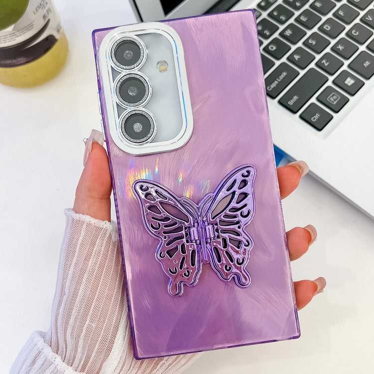 Überzug Glitzer Textur Schmetterlingshalter TPU Handyhülle mit Linsenfolie, For Samsung Galaxy A55 5G
