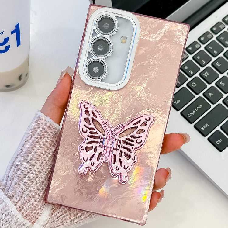 Überzug Glitzer Textur Schmetterlingshalter TPU Handyhülle mit Linsenfolie, For Samsung Galaxy A55 5G