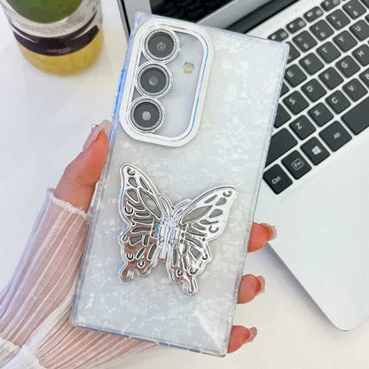 Überzug Glitzer Textur Schmetterlingshalter TPU Handyhülle mit Linsenfolie, For Samsung Galaxy S25 5G