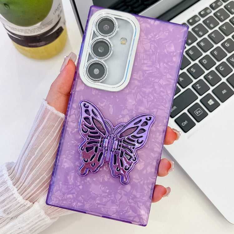 Überzug Glitzer Textur Schmetterlingshalter TPU Handyhülle mit Linsenfolie, For Samsung Galaxy S25 5G