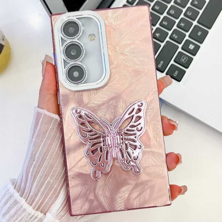 Überzug Glitzer Textur Schmetterlingshalter TPU Handyhülle mit Linsenfolie, For Samsung Galaxy S25 5G