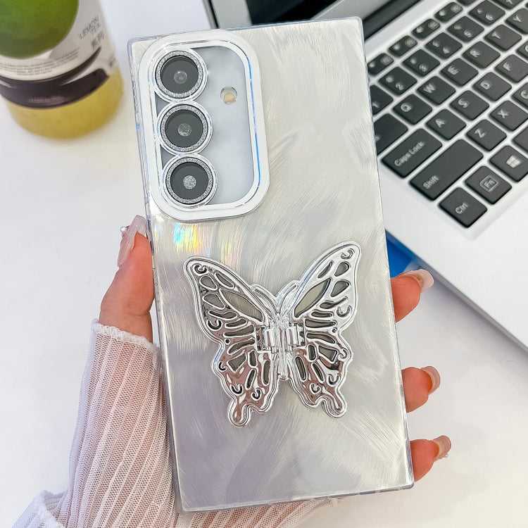 Überzug Glitzer Textur Schmetterlingshalter TPU Handyhülle mit Linsenfolie, For Samsung Galaxy S25 5G