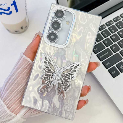 Überzug Glitzer Textur Schmetterlingshalter TPU Handyhülle mit Linsenfolie, For Samsung Galaxy S25 5G