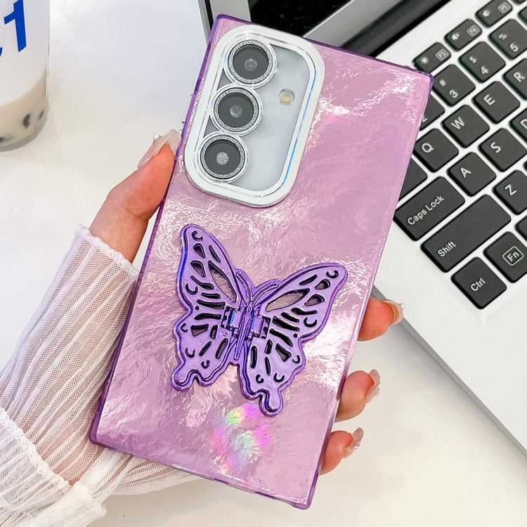 Überzug Glitzer Textur Schmetterlingshalter TPU Handyhülle mit Linsenfolie, For Samsung Galaxy S25 5G