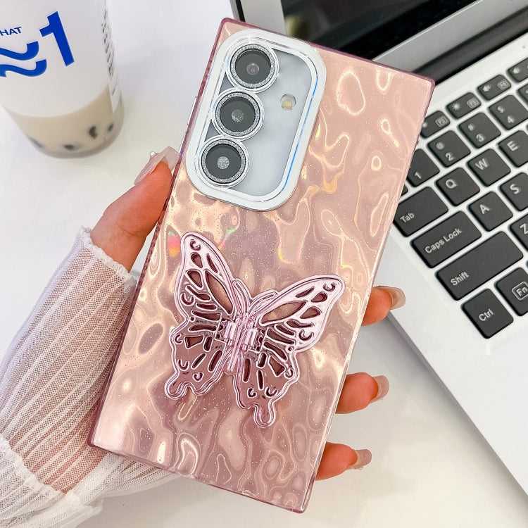 Überzug Glitzer Textur Schmetterlingshalter TPU Handyhülle mit Linsenfolie, For Samsung Galaxy S25+ 5G