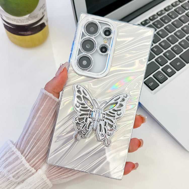 Überzug Glitzer Textur Schmetterlingshalter TPU Handyhülle mit Linsenfolie, For Samsung Galaxy S25 Ultra 5G