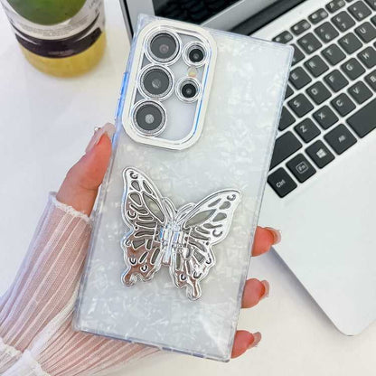 Überzug Glitzer Textur Schmetterlingshalter TPU Handyhülle mit Linsenfolie, For Samsung Galaxy S25 Ultra 5G