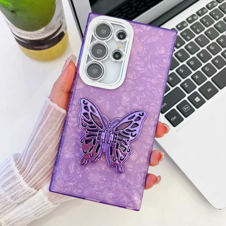 Überzug Glitzer Textur Schmetterlingshalter TPU Handyhülle mit Linsenfolie, For Samsung Galaxy S25 Ultra 5G