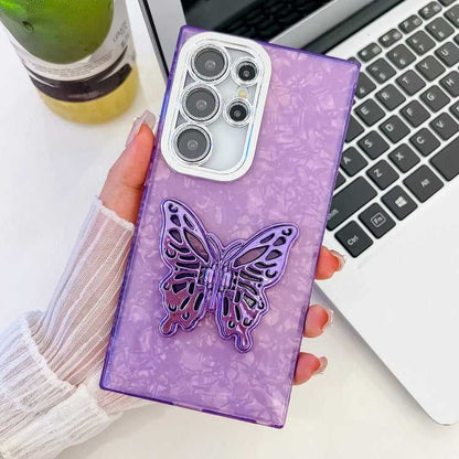 Überzug Glitzer Textur Schmetterlingshalter TPU Handyhülle mit Linsenfolie, For Samsung Galaxy S25 Ultra 5G