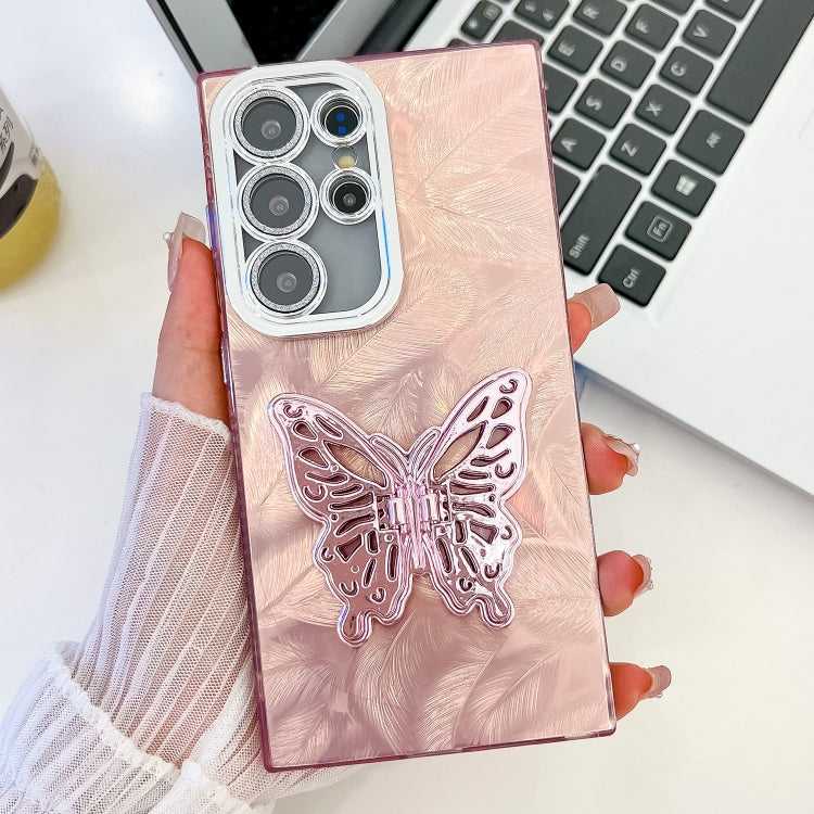 Überzug Glitzer Textur Schmetterlingshalter TPU Handyhülle mit Linsenfolie, For Samsung Galaxy S25 Ultra 5G