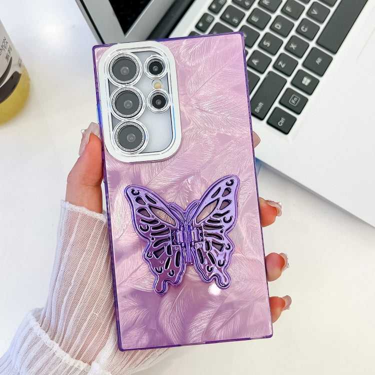 Überzug Glitzer Textur Schmetterlingshalter TPU Handyhülle mit Linsenfolie, For Samsung Galaxy S25 Ultra 5G