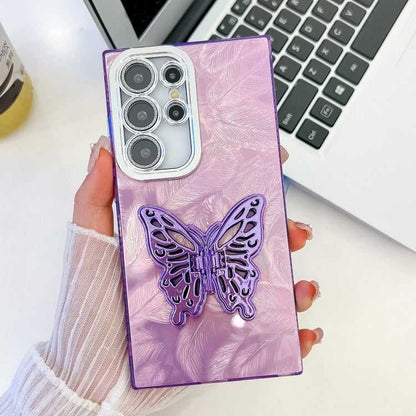 Überzug Glitzer Textur Schmetterlingshalter TPU Handyhülle mit Linsenfolie, For Samsung Galaxy S25 Ultra 5G