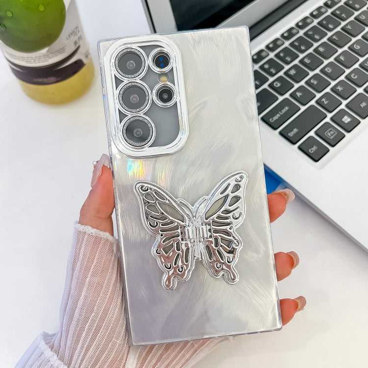Überzug Glitzer Textur Schmetterlingshalter TPU Handyhülle mit Linsenfolie, For Samsung Galaxy S25 Ultra 5G