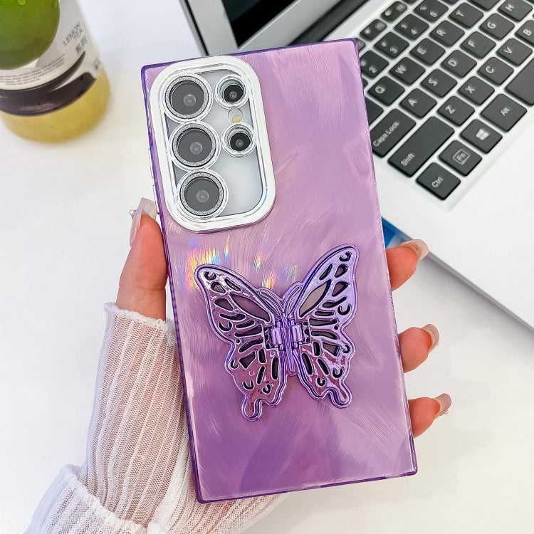 Überzug Glitzer Textur Schmetterlingshalter TPU Handyhülle mit Linsenfolie, For Samsung Galaxy S25 Ultra 5G