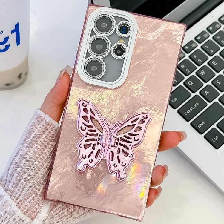 Überzug Glitzer Textur Schmetterlingshalter TPU Handyhülle mit Linsenfolie, For Samsung Galaxy S25 Ultra 5G