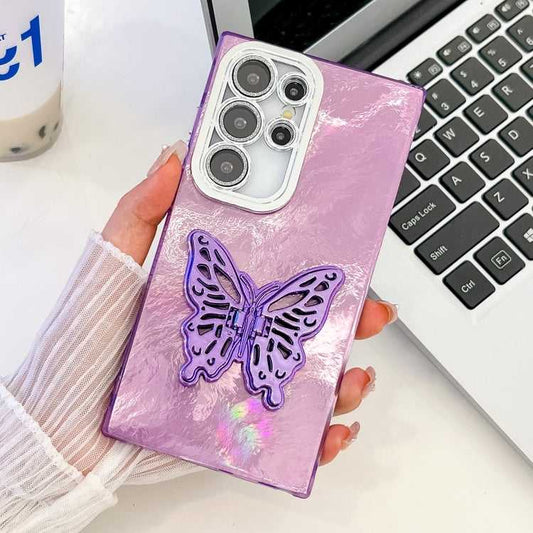 Überzug Glitzer Textur Schmetterlingshalter TPU Handyhülle mit Linsenfolie, For Samsung Galaxy S25 Ultra 5G