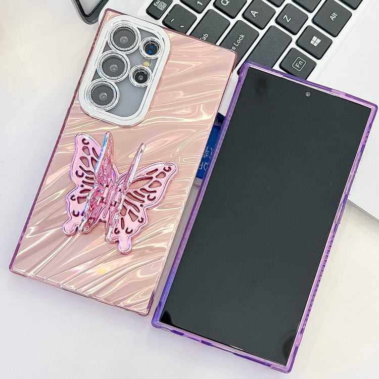 Überzug Glitzer Textur Schmetterlingshalter TPU Handyhülle mit Linsenfolie, For Samsung Galaxy S25+ 5G